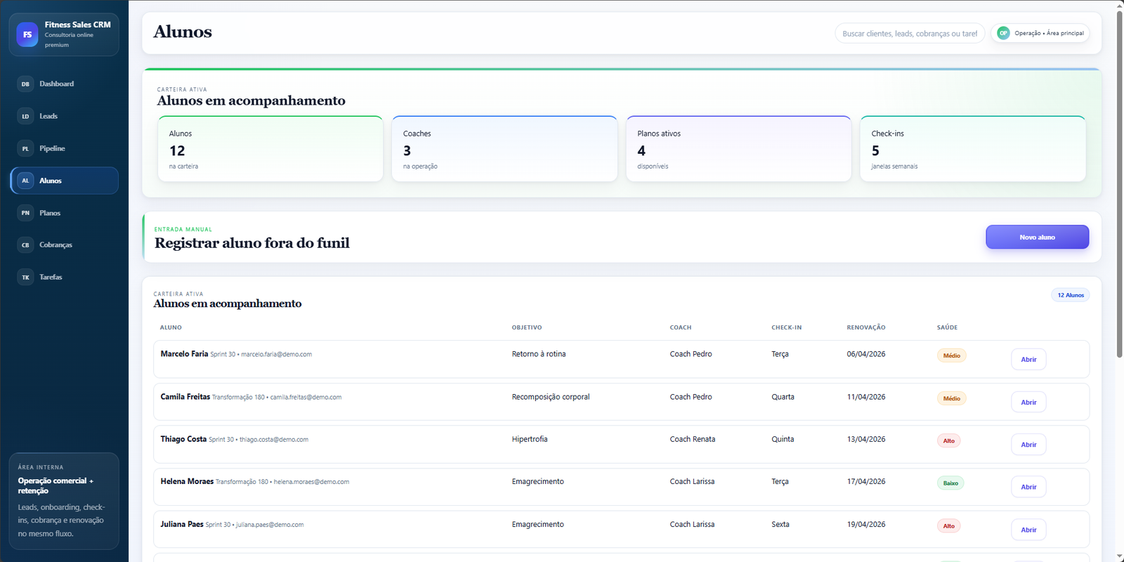 Acompanhamento de alunos no Fitness Sales CRM